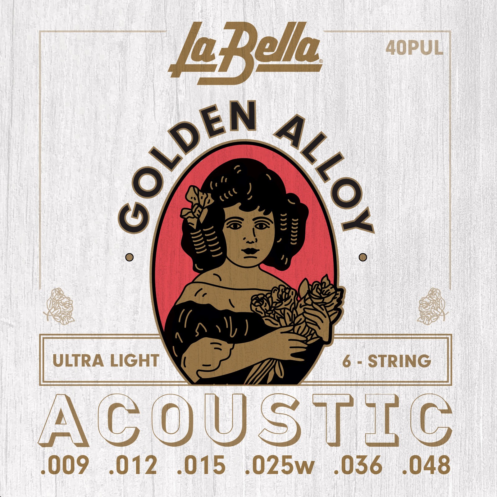 LA BELLA La Bella Golden Alloy | Muta di corde per chitarra acustica 40PUL Scalatura: 009-012-015-025w-036-048