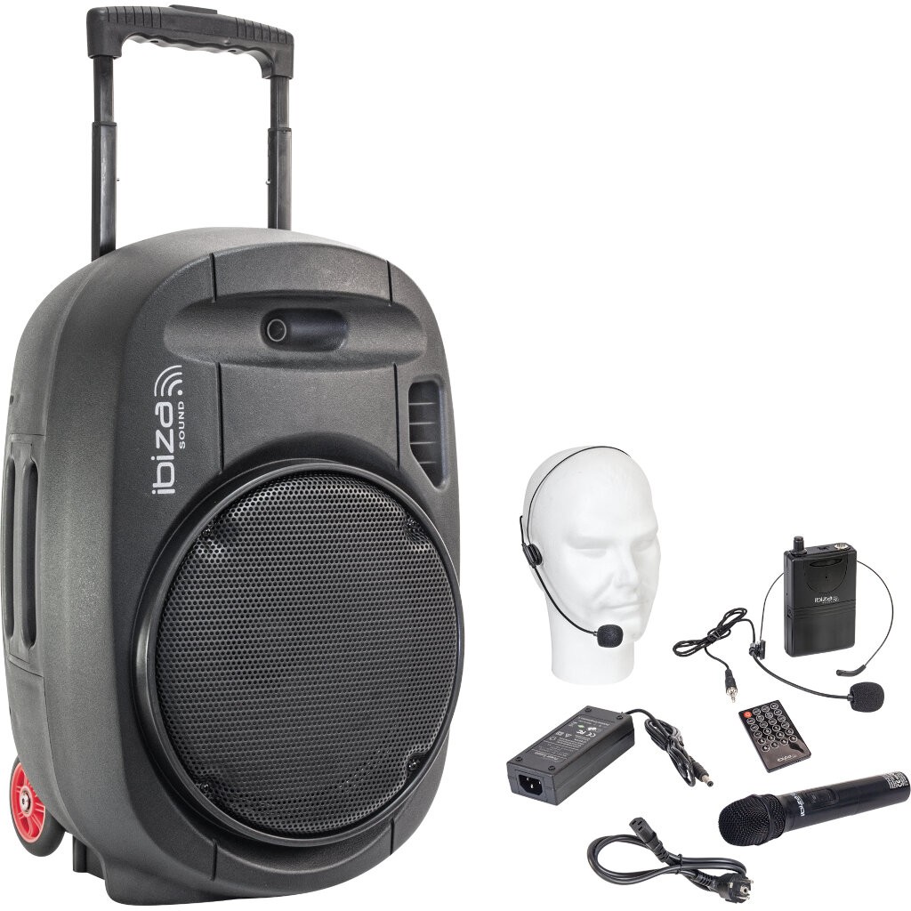 IBIZA Sistema audio portatile bluetooth, a batteria, 12'', 350W, 2 UHF MIC, USB, Line, EQ, telecomando, trolley