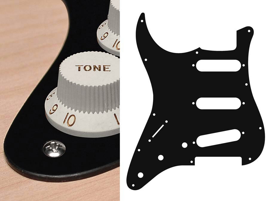 BOSTON Battipenna per chitarra elettrica ST, standard, SSS, 3 pot holes, 3-5 switch, lefthanded, 1 strato, black mat