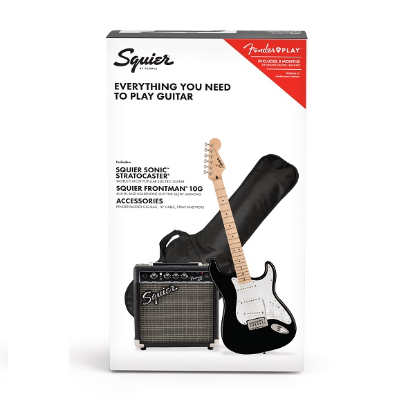 Squier Sonic Stratocaster Pack, Maple Fingerboard, Black, Gig Bag, 10G - 230V EU