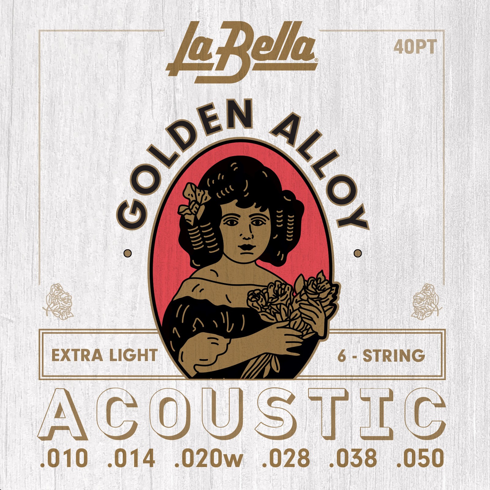 LA BELLA La Bella Golden Alloy | Muta di corde per chitarra acustica 40PT Scalatura: 010-014-020w-028-038-050
